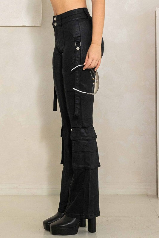 Mid rise boot cut cargo w/coated