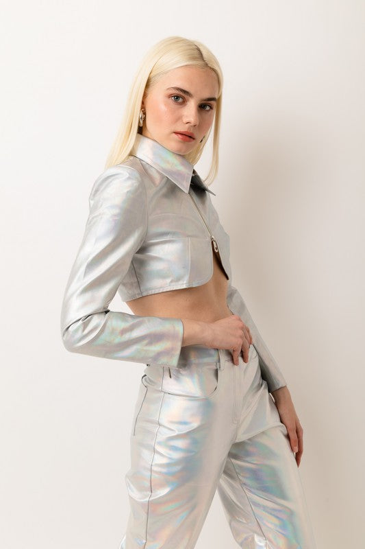 Holographic faux leather crop jacket