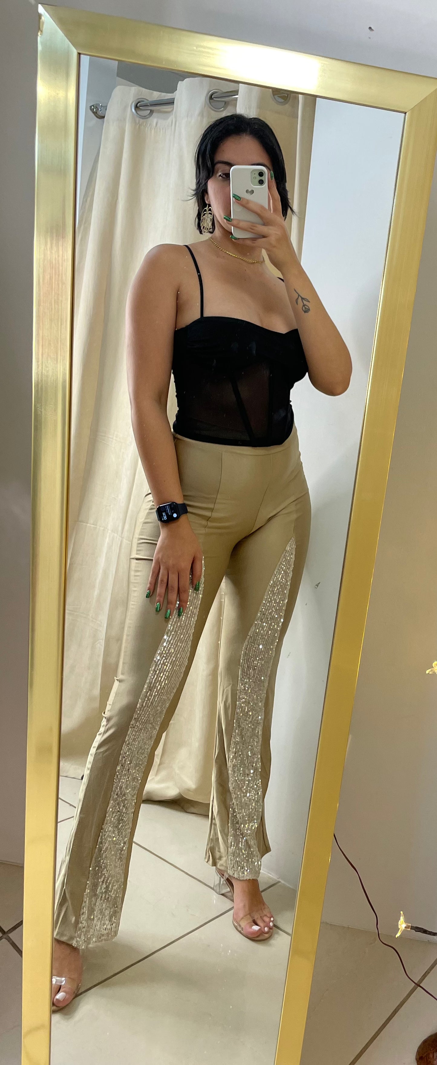 Sequin Mesh Flare Pants
