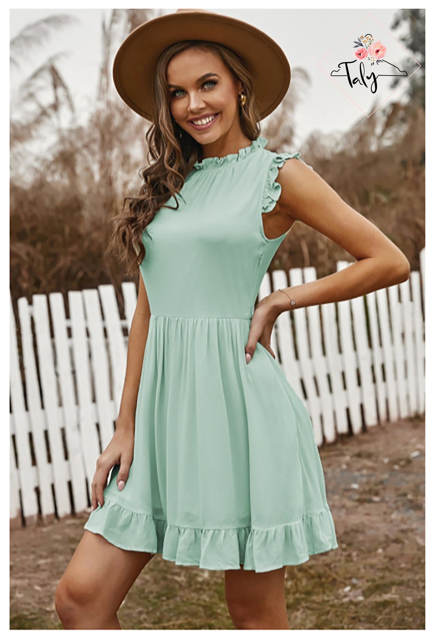 High Neckline Dress With Side Pockets and Ruffle Cap Sleeves