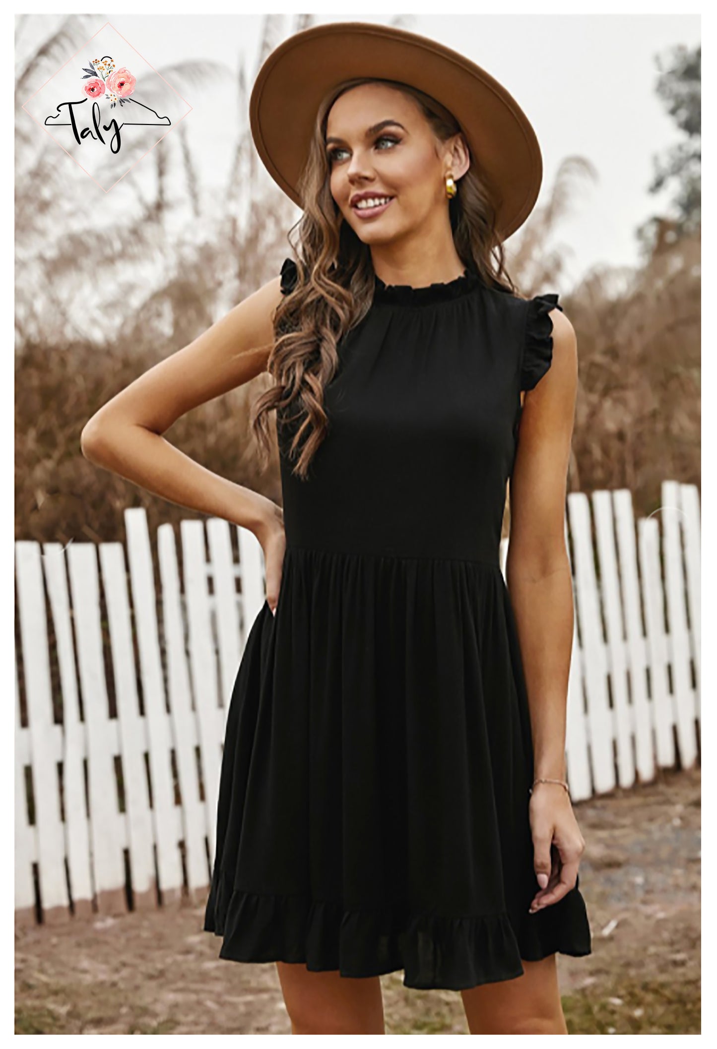 High Neckline Dress With Side Pockets and Ruffle Cap Sleeves