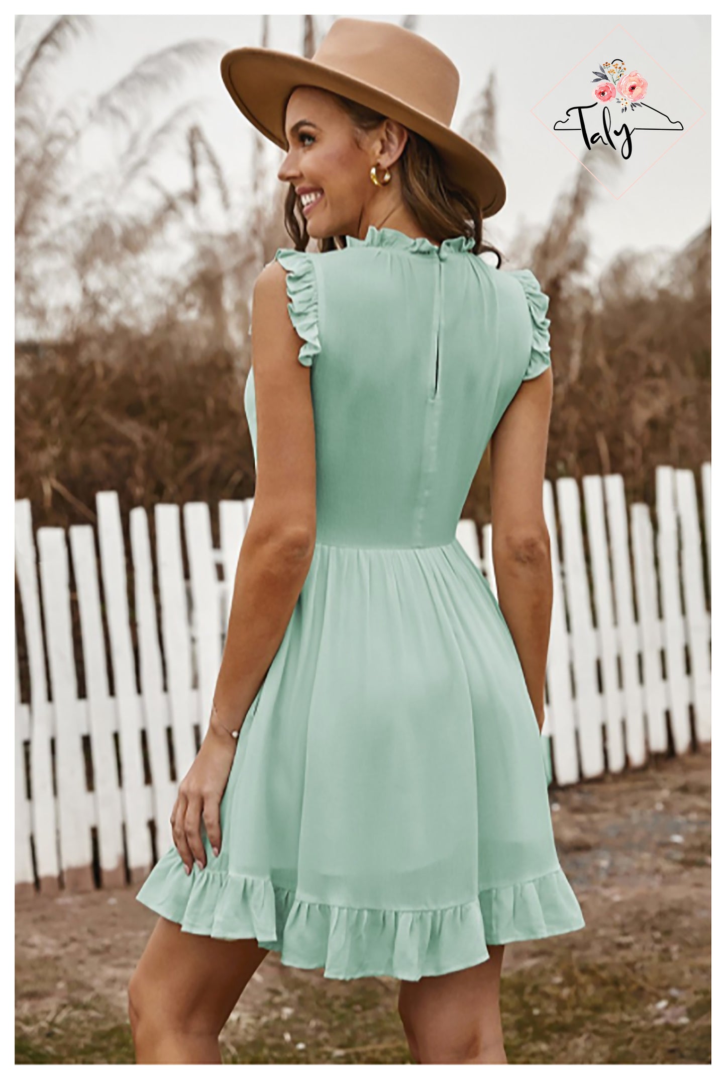 High Neckline Dress With Side Pockets and Ruffle Cap Sleeves