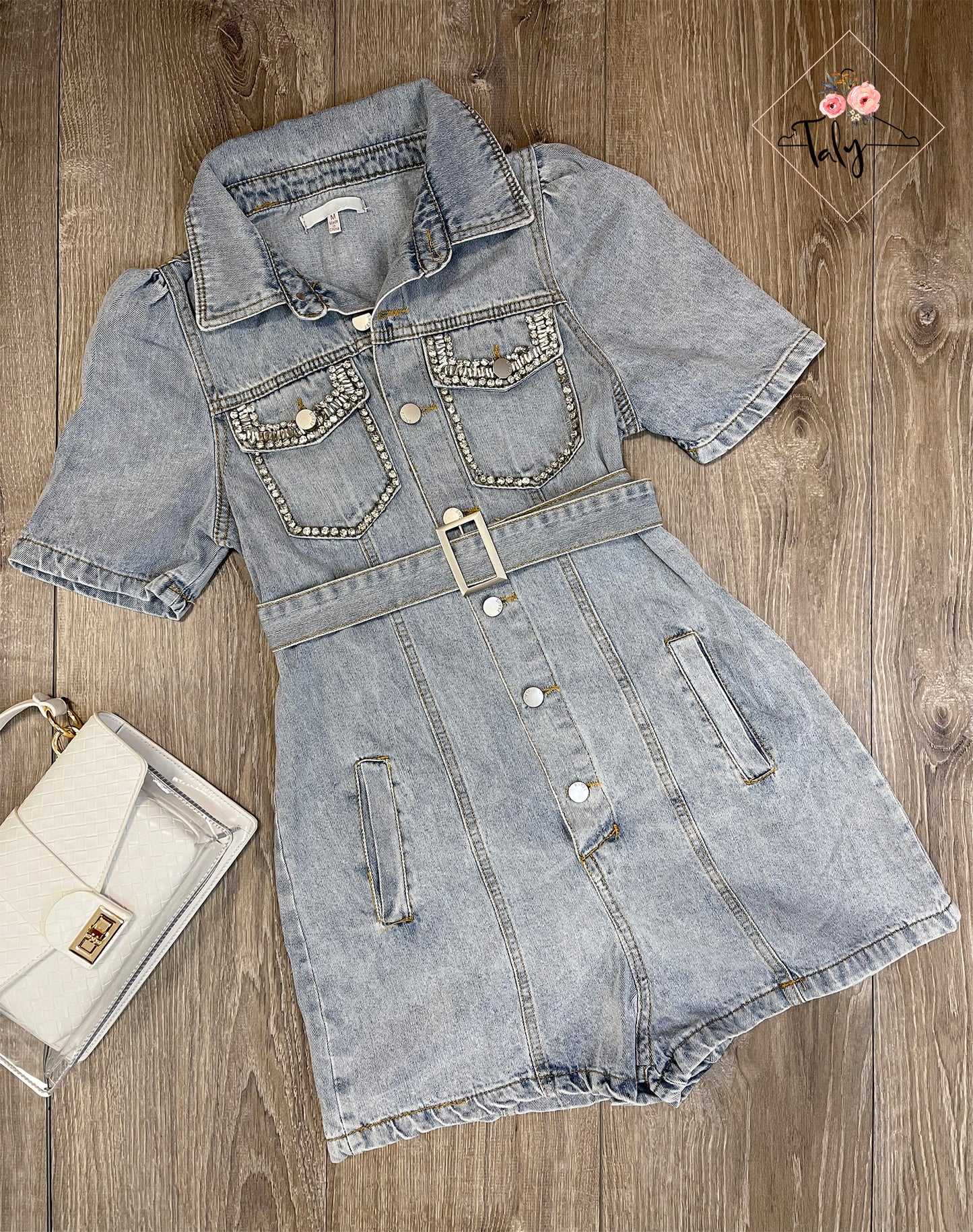 Denim Romper Rhinestone Detail