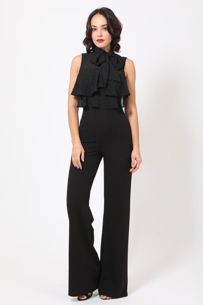 Elegant Jumpsuit with glitter and bow on top.