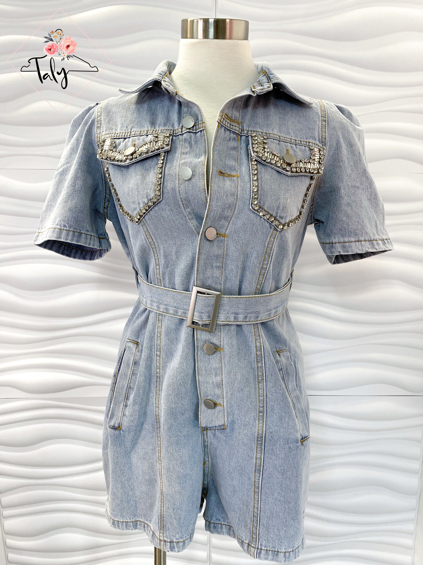 Denim Romper Rhinestone Detail