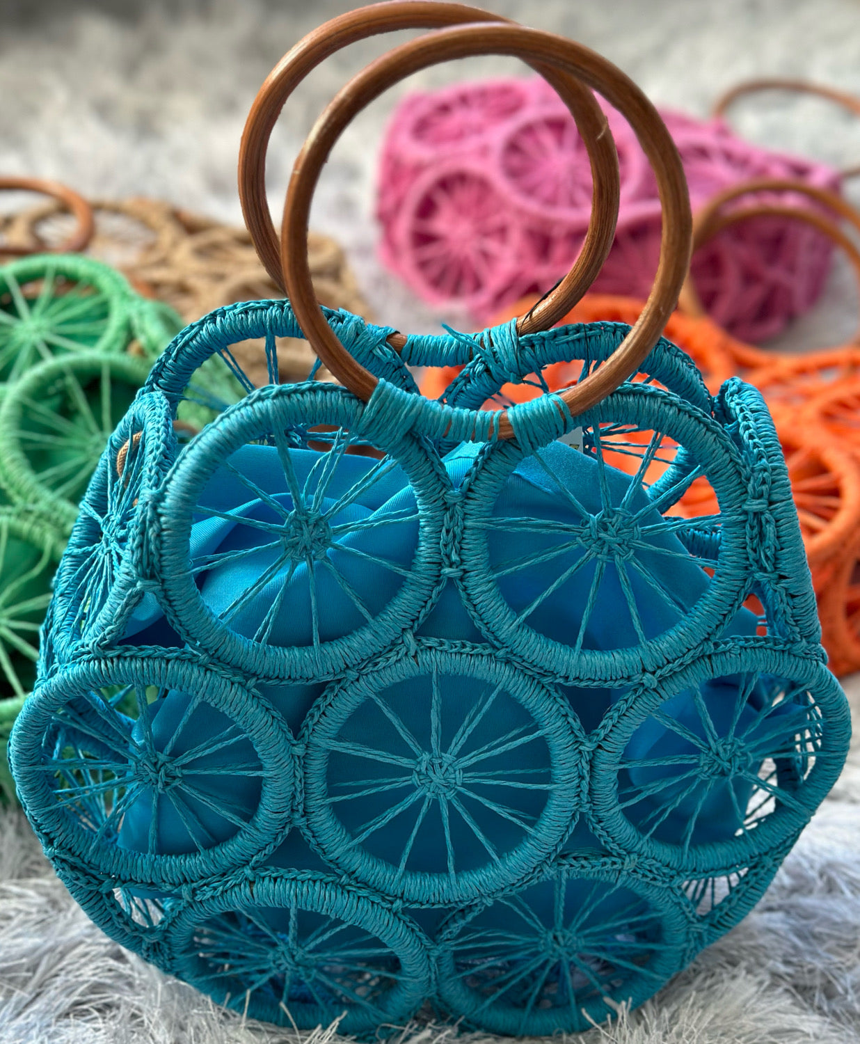 Faux Straw Round Tote Bag
