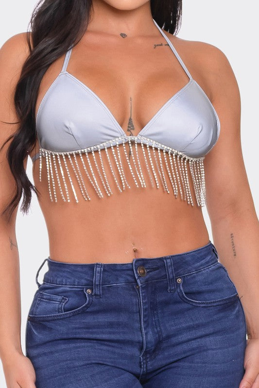 Reflective Bikini Top Fringe Rhinestones