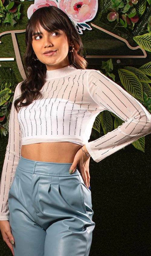 Sheer Mesh & Rhinestone Pattern Crop Top
