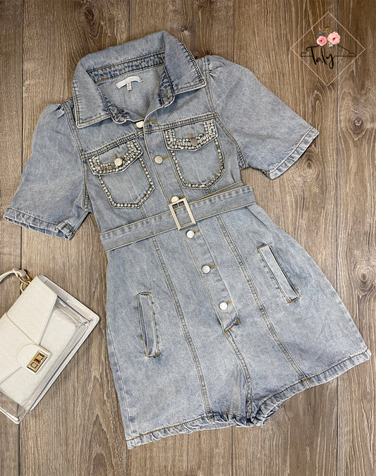 Denim Romper Rhinestone Detail