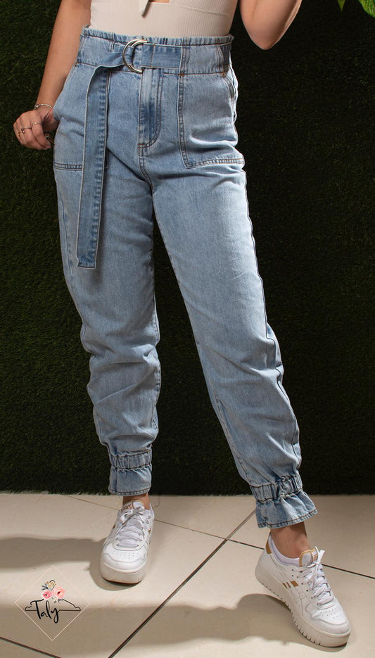 Denim Pants with Belt and Elastic Hem